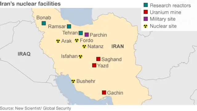 Map image of Iranian nuclear sites.